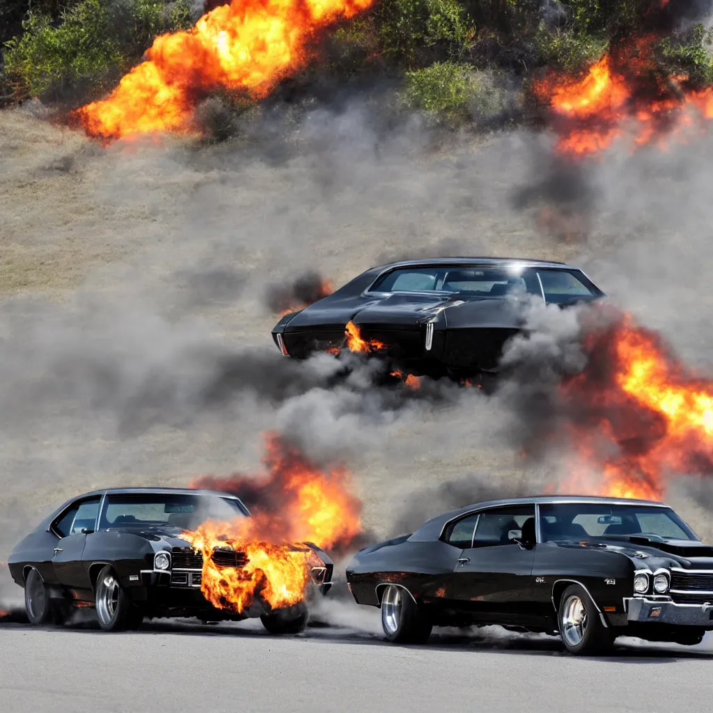 Image similar to a black 1 9 7 0 chevrolet chevelle ss driving i high speed, fire explosion in the background, action scen