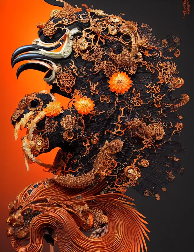 Image similar to 3 d goddess close - up profile portrait biomechanics with ram skull. beautiful intricately detailed japanese crow kitsune mask and clasical japanese kimono. betta fish, jellyfish phoenix, bio luminescent, plasma, ice, water, wind, creature, artwork by tooth wu and wlop and beeple and greg rutkowski. gold black teal and orange color scheme