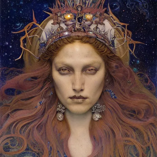 Prompt: queen of the moon with stars in her hair, by tino rodriguez and annie swynnerton and nicholas roerich and jean delville and donato giancola and tom bagshaw and lucien freud, dramatic lighting, goth tattoos, rich colors, smooth sharp focus, extremely detailed, adolf wolfli