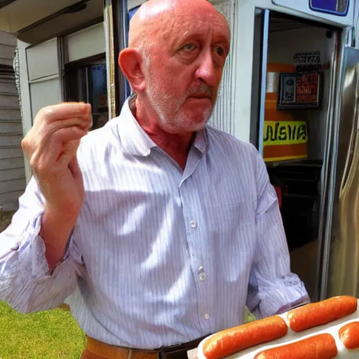 Image similar to mike ehrmantraut selling hot dogs