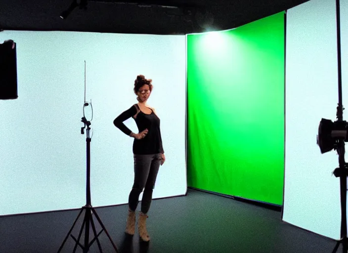 Prompt: a beautiful woman is standing in front of the green screen of the studio. movie vfx breakdown