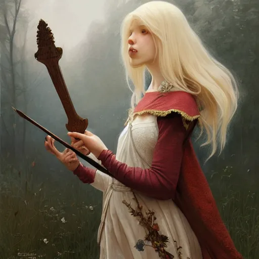 Image similar to elf fairy blond with a beautiful face, holding a lute, wearing a cardigan, highly detailed, intricate, digital painting, artstation, sharp focus, illustration, art by jakub rozalski, greg rutkowski, artgerm, tan zi and ayanamikodon and alphonse mucha and wlop