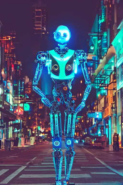 Prompt: a cyborg robot in a street, futuristic, neon light