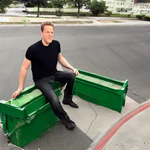 Prompt: geoff keighley eating doritos while dumpster diving