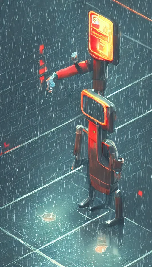 Prompt: videogame cabinet robot asking for coins in the rain, sharp focus, james gilleard, cinematic, game art, extremely detailed digital painting, print