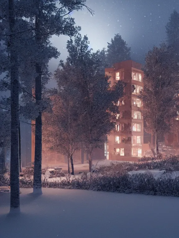 Image similar to film still of tiny soviet residential building, residential suburb area, lights are on in the windows, deep dark night, cozy atmosphere, cold winter, snowing, streetlamps with orange light, volumetric light, several birches nearby, elderly people stand at the entrance to the building, mega detailed, unreal render