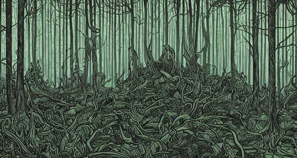 Image similar to A dense and dark enchanted forest with a swamp, by Dan mumford,