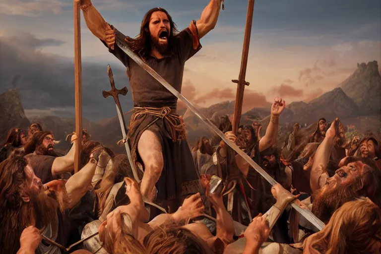 Image similar to Jesus Christ as a viking holding a iron battleax yelling and raising his arms in a scandinavian field, 8k, hyperrealistic, professional photography, epic composition, golden hour