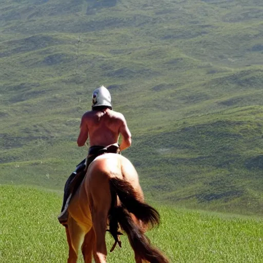 Prompt: a centaur walking along. On the back of the centaur is a human riding it.