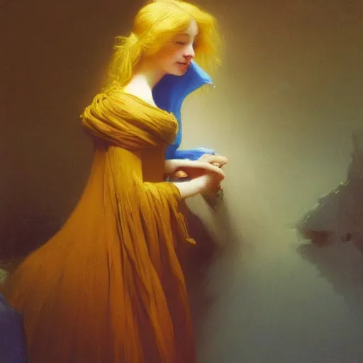 Image similar to a young woman's face, her hair is gold and she wears an cobalt blue satin cloak, by ivan aivazovsky and syd mead and moebius and gaston bussiere and roger dean and pieter claesz and paul delaroche and alma tadema and aelbert cuyp and jan eyck, hyperrealistic, volumetric light, octane render