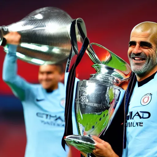 Prompt: High quality photo of Pep Guardiolan with beautiful long hair smiling lifting a champions league trophy