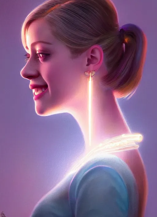 Image similar to portrait of lili reinhart, smiling kindly, bangs, 1 9 6 0 s, ponytail, bangs and ponytail, intricate, elegant, glowing lights, highly detailed, digital painting, artstation, concept art, smooth, sharp focus, illustration, art by wlop, mars ravelo and greg rutkowski