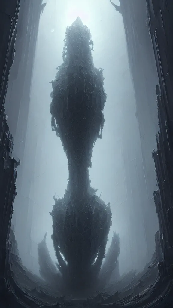 Image similar to professional concept art of a symmetrical! abstract fractal ominous floating robotic terrifying giant thing in a dark room by artgerm and greg rutkowski ( thin white border ). an intricate, elegant, highly detailed digital painting, concept art, smooth, sharp centred focus, illustration, in the style of cam sykes, wayne barlowe, igor kieryluk.