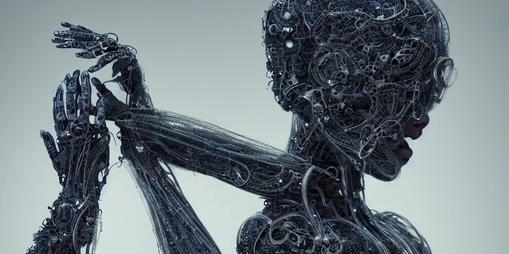 Image similar to hyper realistic photography of a stunningly beautiful cyborg female, circuitry, elbow, chest, intimate, holding close, hands, in the style of beth cavener, jin kagetsu,, and wlop, highly detailed, intricate filigree, masterpiece, award winning, sharp focus, concept art, ringflash lighting, ambient lighting, octane render, 8 k, artstation