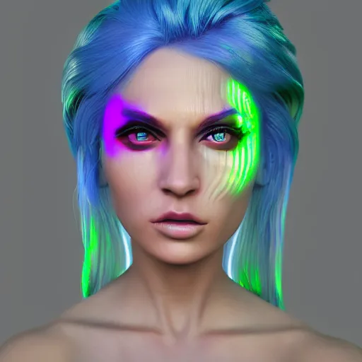 Prompt: a portrait of a cyberpunk woman, blue neon hair, hyperdetailed, rtx, hdr, 3 d render, octabe render, 8 k.