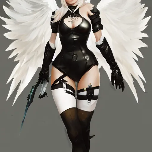 Prompt: greg manchess painting of a 2 yorha type a no. 2 as mercy from overwatch!!, white long hair, large white wings, painting, trending on artstation, by huang guangjian and gil elvgren and sachin teng