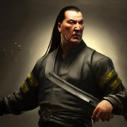 Image similar to hyper realistic, steven seagal from mortal kombat, unreal engine, greg rutkowski, beeple global illumination, translucent, sub - surface scattering,