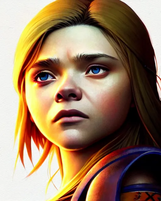 Image similar to chloe grace moretz as an azctec warrior, detailed perfect face, exquisite details, fire magic, mid view, design on a white background, by studio muti, greg rutkowski makoto shinkai takashi takeuchi studio ghibli