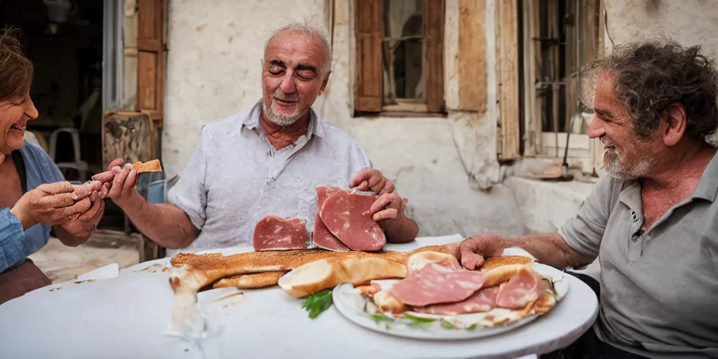 Image similar to cat sharing mortadella with his happy owner at a trullo house, photoreal, 3 5 mm, award winning photography