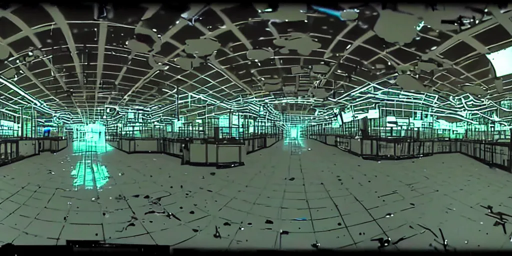 Prompt: abandoned human robot android factory in a mall, distorted 8 mm video still