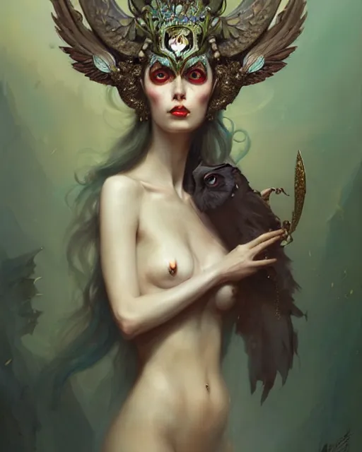 Image similar to a fantasy owl queen, beauty portrait by peter mohrbacher, tom bagshaw, greg rutkowski, wlop, ruan jia, opulent costume inspired by iris van herpen