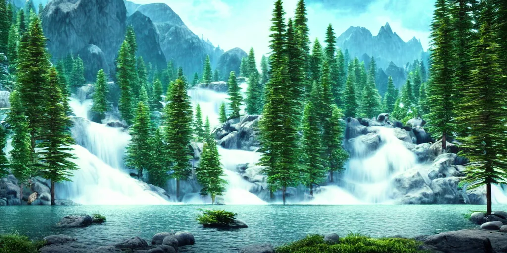 Image similar to epic landscape. mountains. river. waterfall. pine trees. lake. forest. cinematic. epic. high details, photorealistic. concept art. artstation trending. photorealistic. 3 5 mm film.