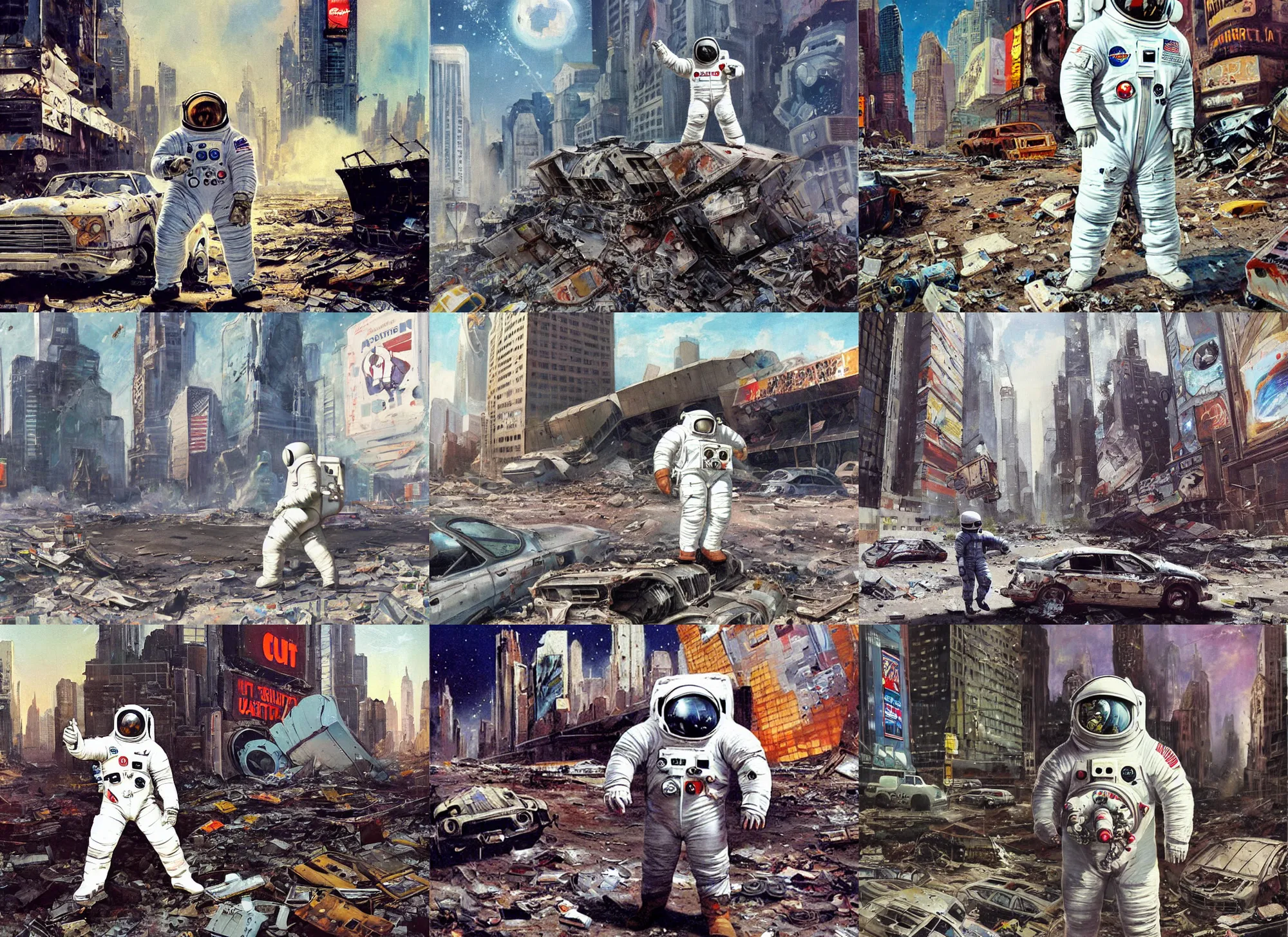 Prompt: american white spacesuit chubby astronaut in giant postapocalyptic abandoned destroyed times square, wrecked buildings, destroyed flipped wrecked cars, in the style of painting by frazetta