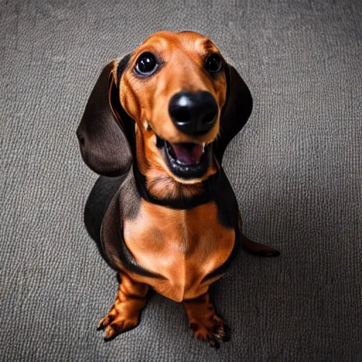 Image similar to photoshoot portrait of a very happy dachshund, with a big smile