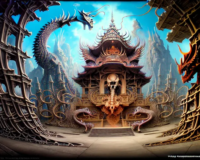 Image similar to street view of a temple made of dragon skeletons, fantasy landscape made of fractals facing each other, ultra realistic, wide angle, intricate details, the fifth element artifacts, highly detailed by peter mohrbacher, hajime sorayama, wayne barlowe, boris vallejo, aaron horkey, gaston bussiere, craig mullins