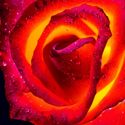 Image similar to award - winning macro of a beautiful rose made of molten lava!!! on black background, highly detailed, hyper - realistic, inner nebula glow!!!, trending on deviantart, artstation and flickr, nasa space photography, national geographic, by harold davis, georgia o'keeffe and harold feinstein