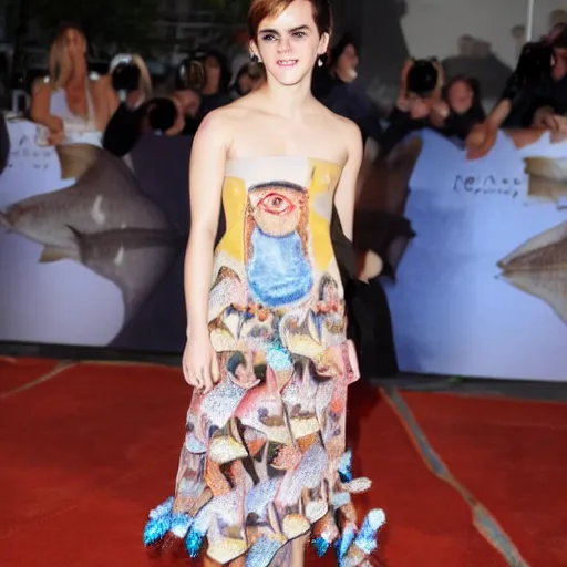 Image similar to Emma Watson wearing fancy fish, photorealistic