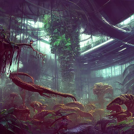 Prompt: epic alien jungle inside a giant laboratory by raymond swanland