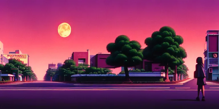Image similar to an immaculate isometric cinematic keyframe matte painting of the silhouette of a young japanese girl standing in a wide sleek empty street 1 9 7 0 s vaporwave rust belt city at dusk with an oversized moon, just after the rain has cleared. by eric lafforgue, glennray tutor and edward hopper, greg rutkowski. trending on artstation.