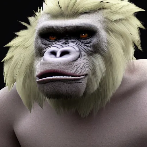 Image similar to angry old tough rough looking albino gorilla. scars, scary, gruffness, interesting 3 d character concept by square enix, in the style of league of legends, hyper detailed, character modeling, cinematic, final fantasy, video game character concept, ray tracing, fur details, maya, c 4 d