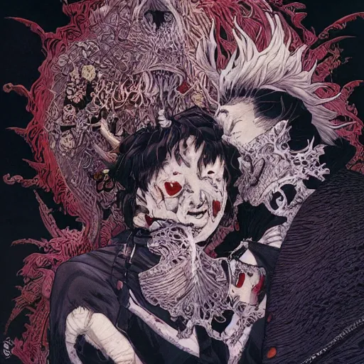 Image similar to closeup of vampire kiss, by yoichi hatakenaka, masamune shirow, josan gonzales and dan mumford, ayami kojima, takato yamamoto, karol bak