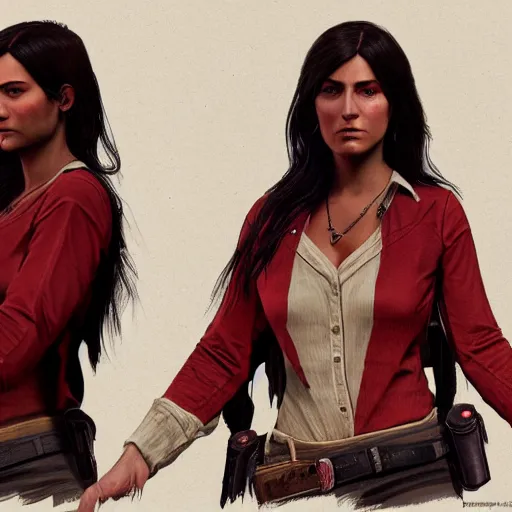 Image similar to tan woman with long dark hair and dark eyes in Red Dead Redemption 2, hyper detailed, concept art, 8k, artstation, cgsociety