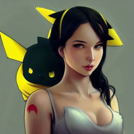 Image similar to good looking woman wears a cosplay costume of pikachu, portrait, elegant, intricate, digital painting, artstation, concept art, smooth, sharp focus, illustration, art by artgerm and greg rutkowski and alphonse mucha