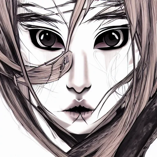 Image similar to anime manga skull portrait girl face closeup eyes detailed highres 4k kanye Mucha and James Jean pop art nouveau