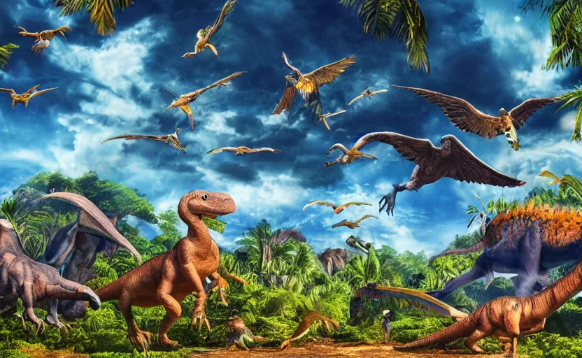 Prompt: depiction of species of flying and land dinosaurs and in a beautiful mesozoic era jungle, blue sky, rainbow, clouds, illumination, detailed landscape, cinematic lighting, jurassic park, 4 k