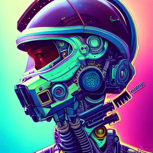 Prompt: high quality high detail portrait of a halo 3 diesel punk character in an alien world, tristan eaton, victo ngai, artgerm, rhads, ross draws, hyperrealism, intricate detailed, alphonse mucha, 8 k, sci - fi, pastel colors, artstation,