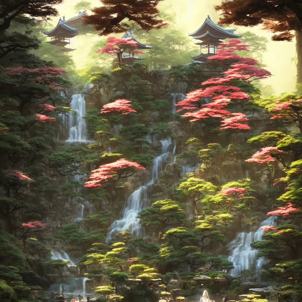 Image similar to A magical Japanese temple garden on a sunny day, dreamy feeling waterfalls, art by Andreas Rocha and greg rutkowski, highly detailed, digital painting, matte painting, concept art, illustration, warm lighting, trending on artstation, very detailed