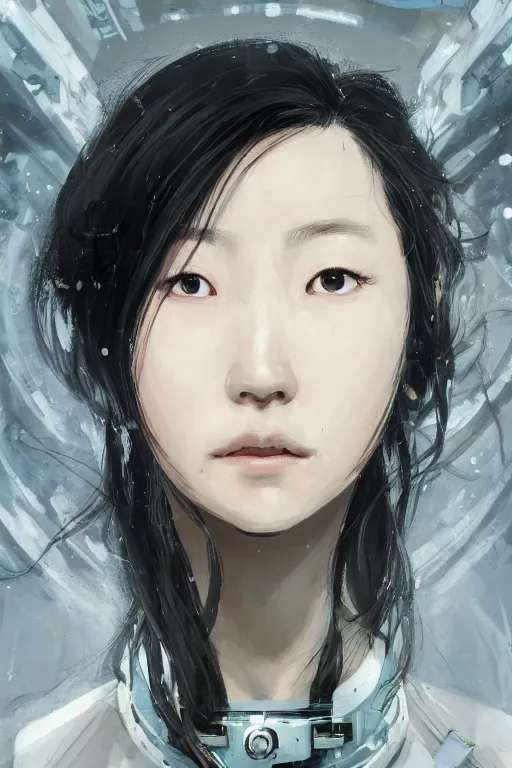 Prompt: highly detailed portrait of a hopeful young korean astronaut lady with a wavy black hair, by Dustin Nguyen, Akihiko Yoshida, Greg Tocchini, Greg Rutkowski, Cliff Chiang, 4k resolution, gravity rush inspired, metal gear solid inspired, dishonored inspired, vibrant but dreary but upflifting like green, black and white color scheme!!! ((Space nebula background))