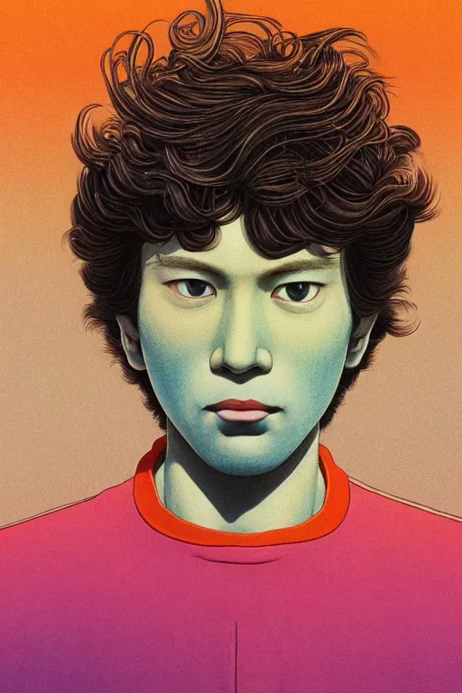 Prompt: a colorful vibrant closeup portrait of a simple man with curly mid length brown hair with dreaming psychedelic hallucinations, by kawase hasui, moebius, edward hopper and james gilleard, zdzislaw beksinski, steven outram colorful flat surreal design, hd, 8 k, artstation