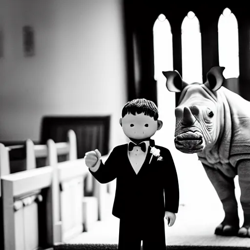 Image similar to a rhinoceros wearing a tiny suit in a wedding chapel, photo realistic, black and white, detailed, cinematic lighting