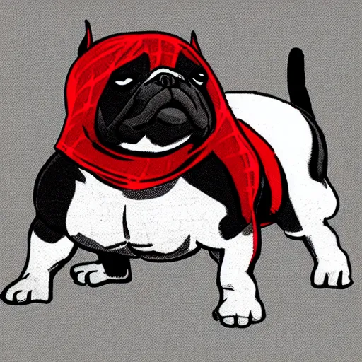 Prompt: an english bulldog dressed as spiderman, comic illustration