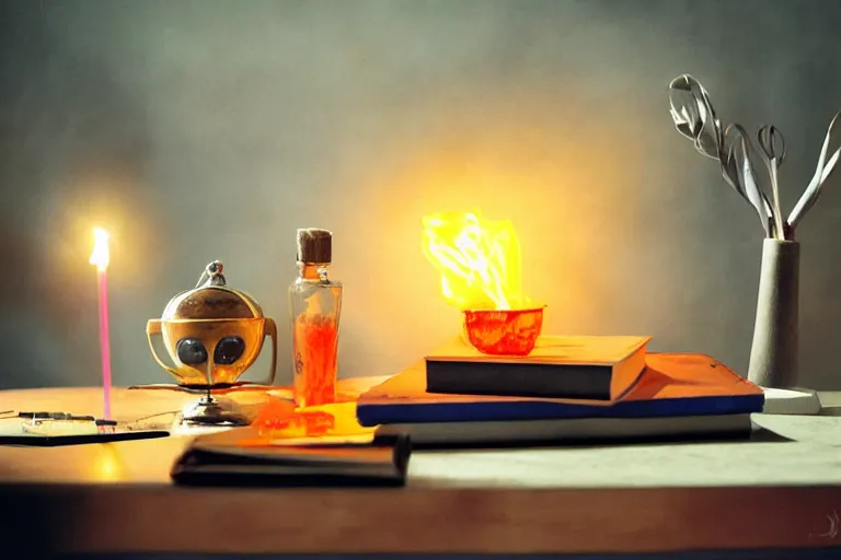 Image similar to office desk with a spilled glowing orange potion, 1 2 th century fantasy photograph