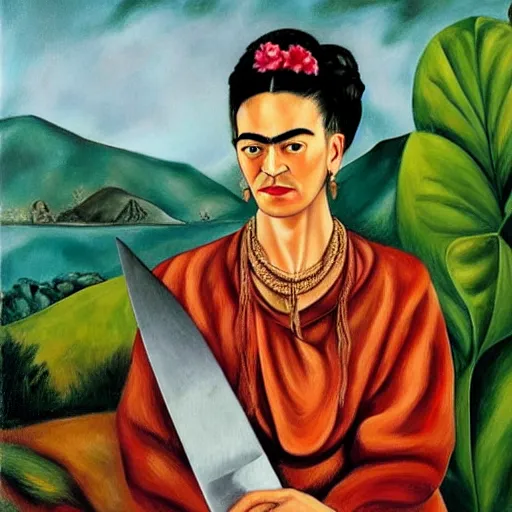 Image similar to oil painting of Frida kahlo standing and holding a knife