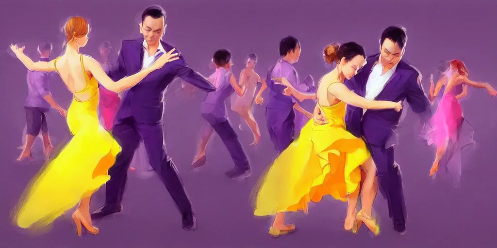 Image similar to Dancing Gesture draw by Stanley Artgerm Lau, Gesture draw, Salsa Social Dance, couple, lady using yellow dress, guy using purple light fancy suit, Salsa tricks, WLOP, Rossdraws, Gesture draw, James Jean, Andrei Riabovitchev, Marc Simonetti, and Sakimichan, trending on artstation
