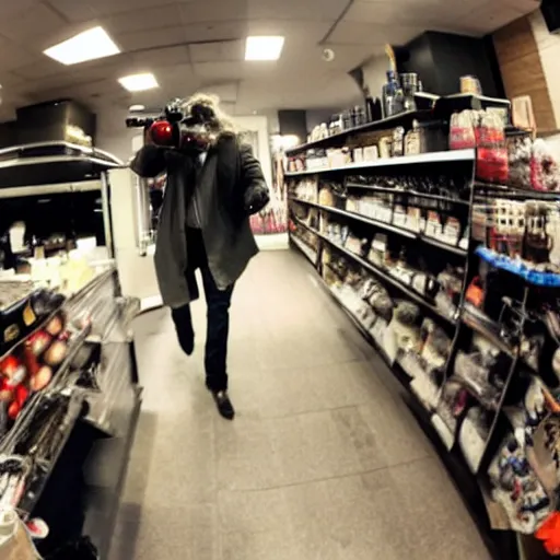 Image similar to paparazzi photo of Johnny Depp robbing a small business, wide angle, fisheye, uhd, 8k, award winning,