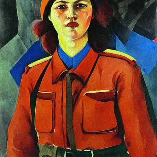 Prompt: soviet painting of female soviet partisan by isaak brodsky, walter womacka, czeslaw znamierowski, vladimir pchelin, kuzma petrov - vodkin, igor berezovsky